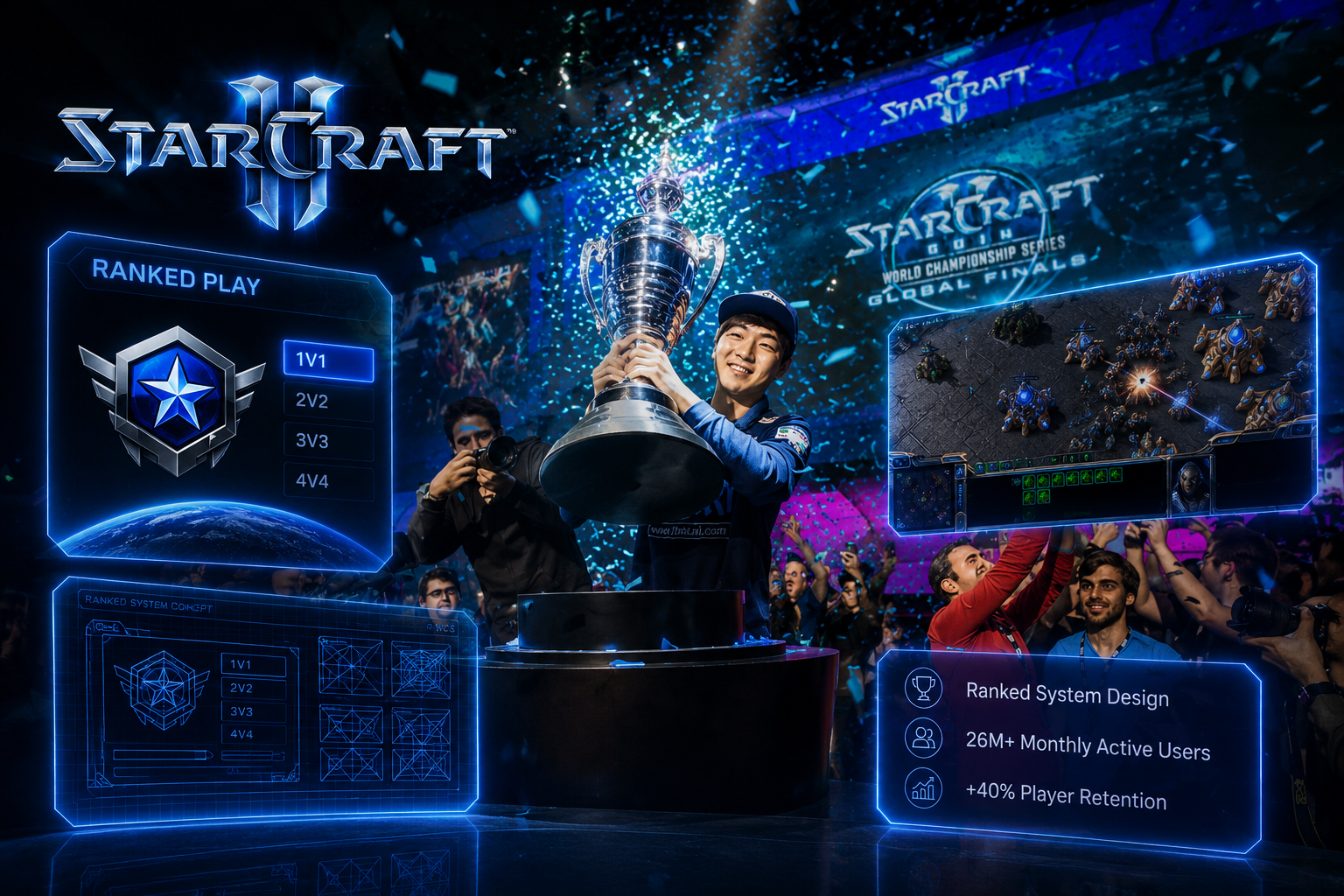 StarCraft 2 branding with a player celebrating a tournament trophy win at the WCS Global Finals, alongside the Ranked Play interface showing 1v1/2v2/3v3/4v4 modes, a ranked-tier concept sketch, an in-game battle screenshot, and callouts for Ranked System Design, 26M+ Monthly Active Users, and +40% Player Retention