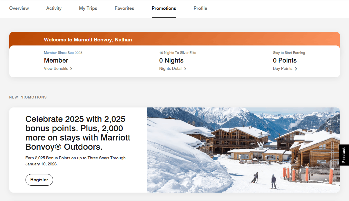 Marriott Bonvoy account page displaying a member's personalized promotional offers