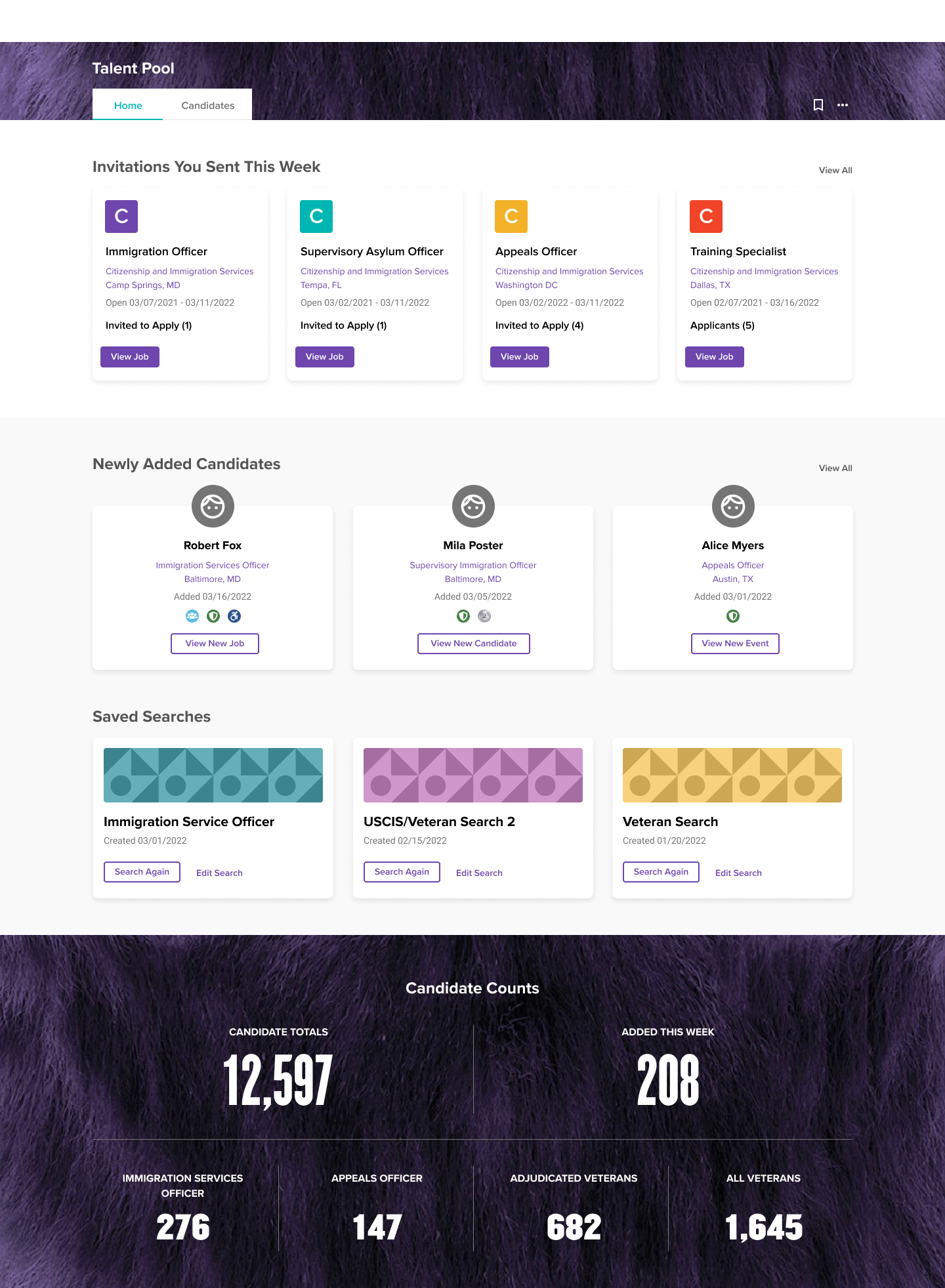 Dashboard providing a centralized workspace for recruiting activity