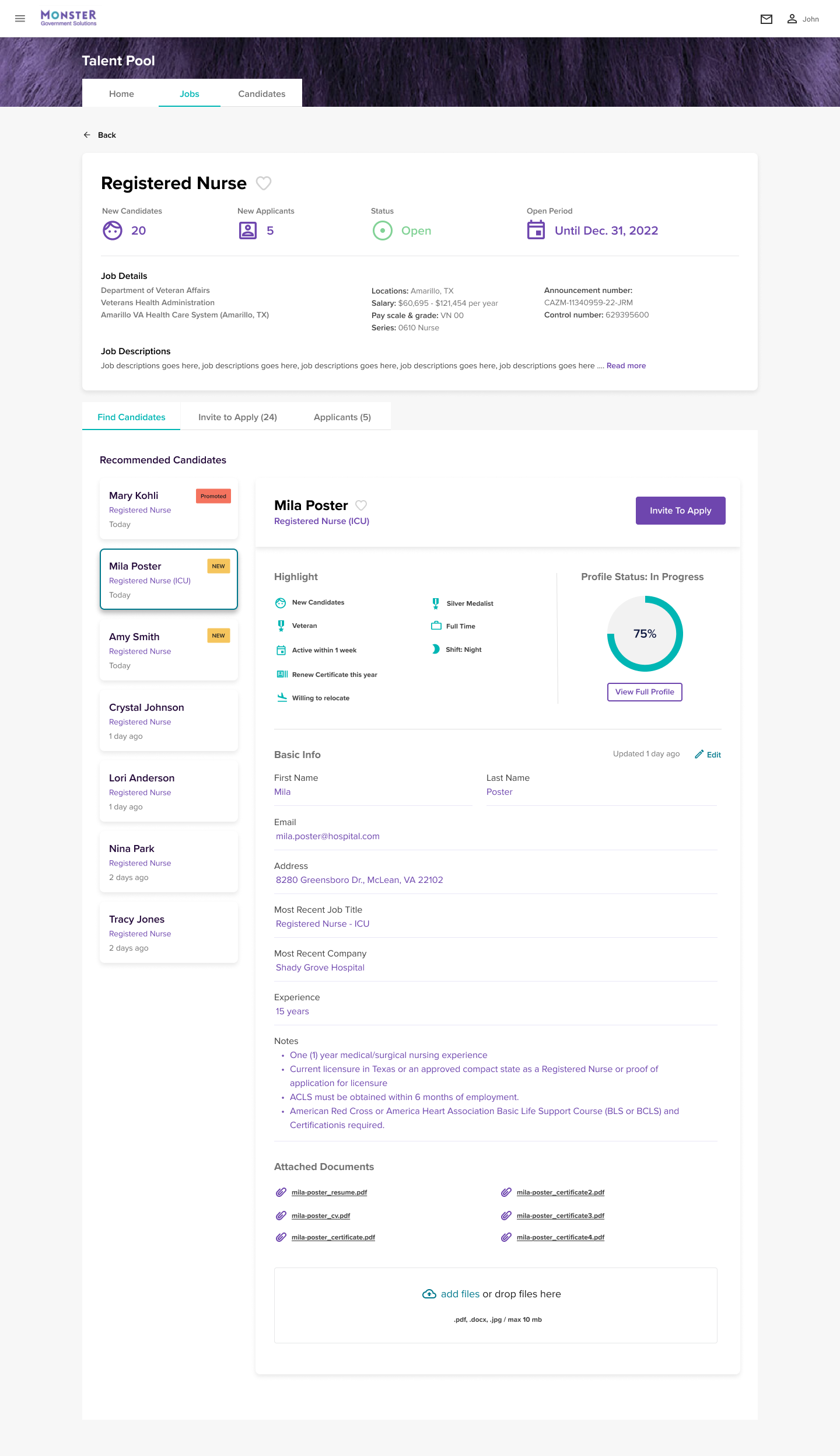 Search experience combining filtering, candidate evaluation, and recruiting actions